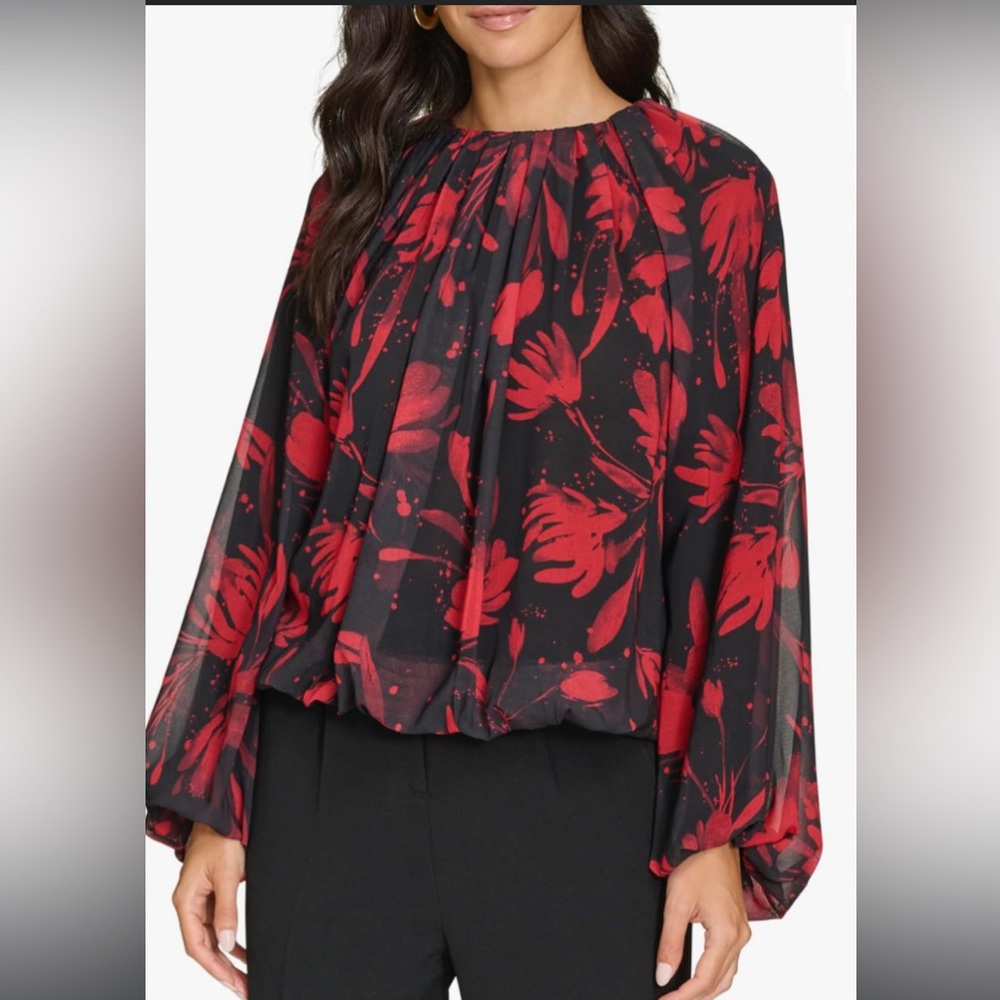 Calvin Klein 2X Floral Black and Red Women's Top-NWT - Picture 1 of 3